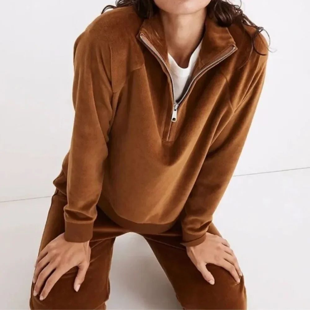 Madewell Women's Mustard Brown Velour Half-Zip Sweatshirt Size L Casual